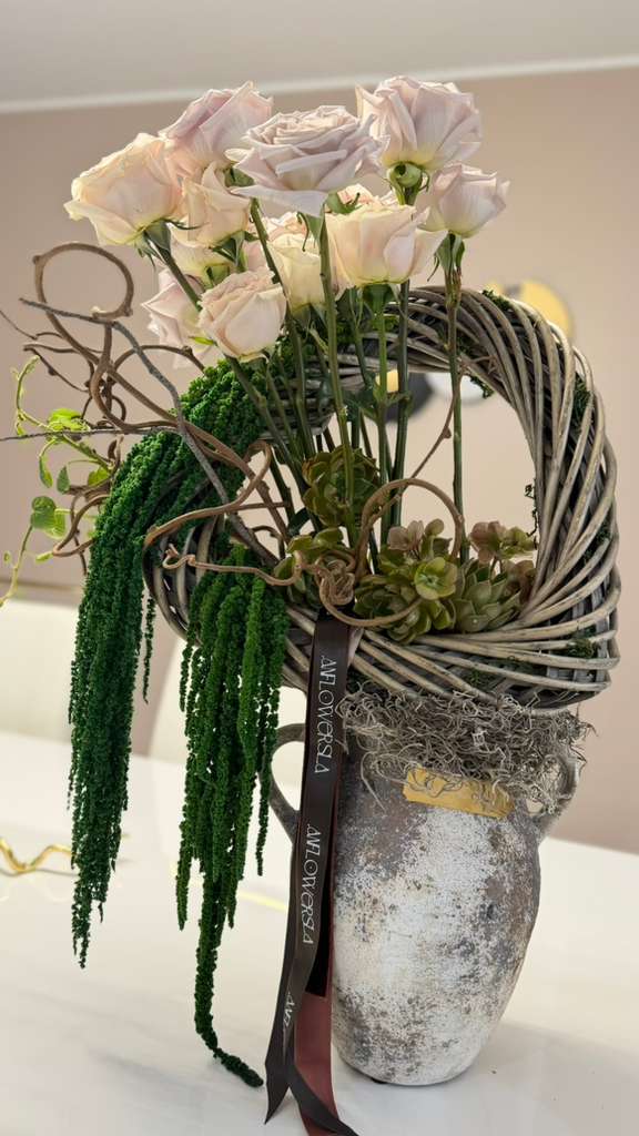 Arrangement with blush roses, succulents & cascading green amaranthus — view 1