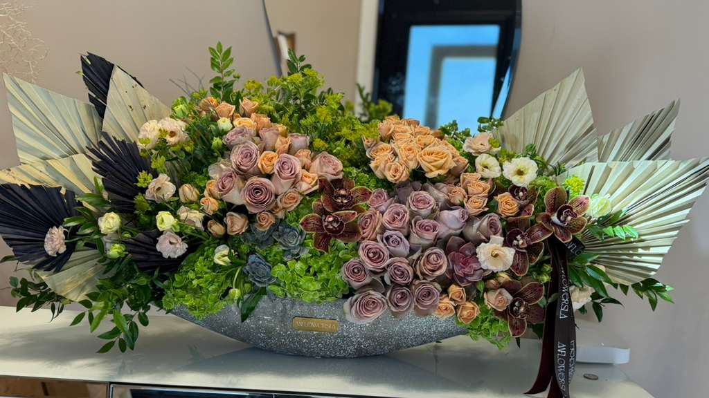 Lavender Roses with Orchids — view 1