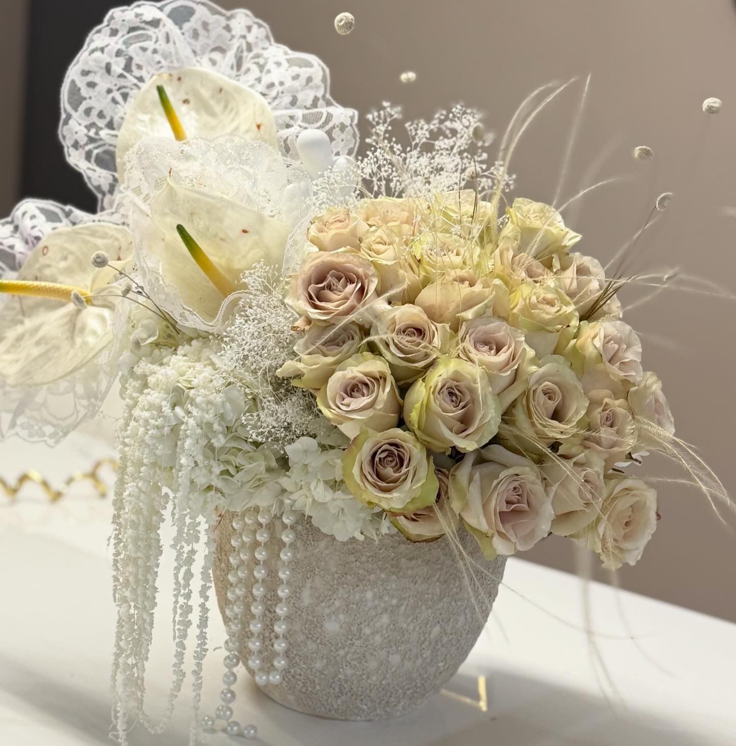 Luxury champagne & white floral arrangement with roses, anthurium and hydrangea — view 1